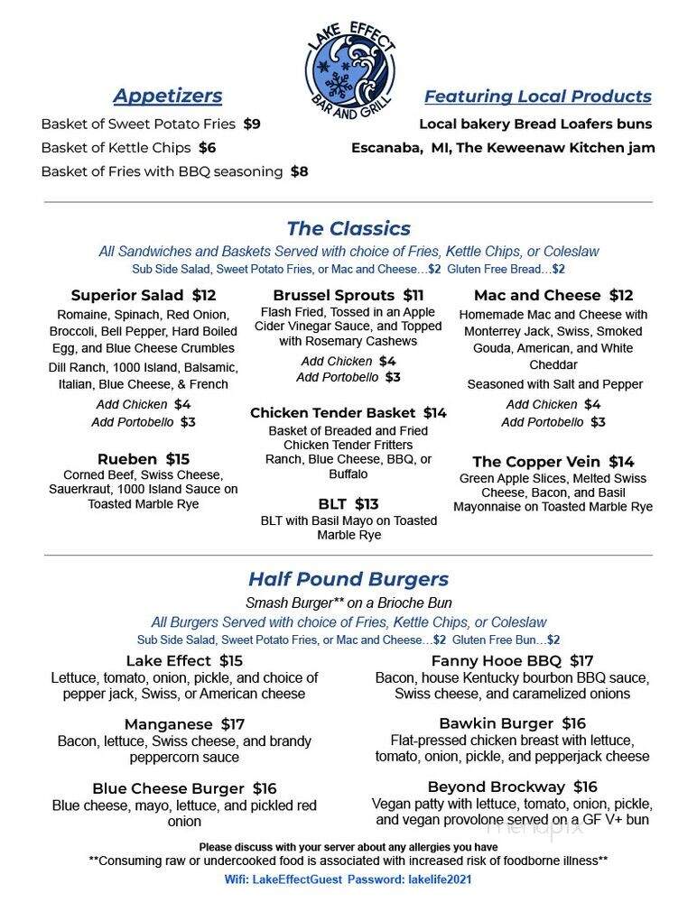 Lake Effect Bar and Grill - Copper Harbor, MI menu_pic