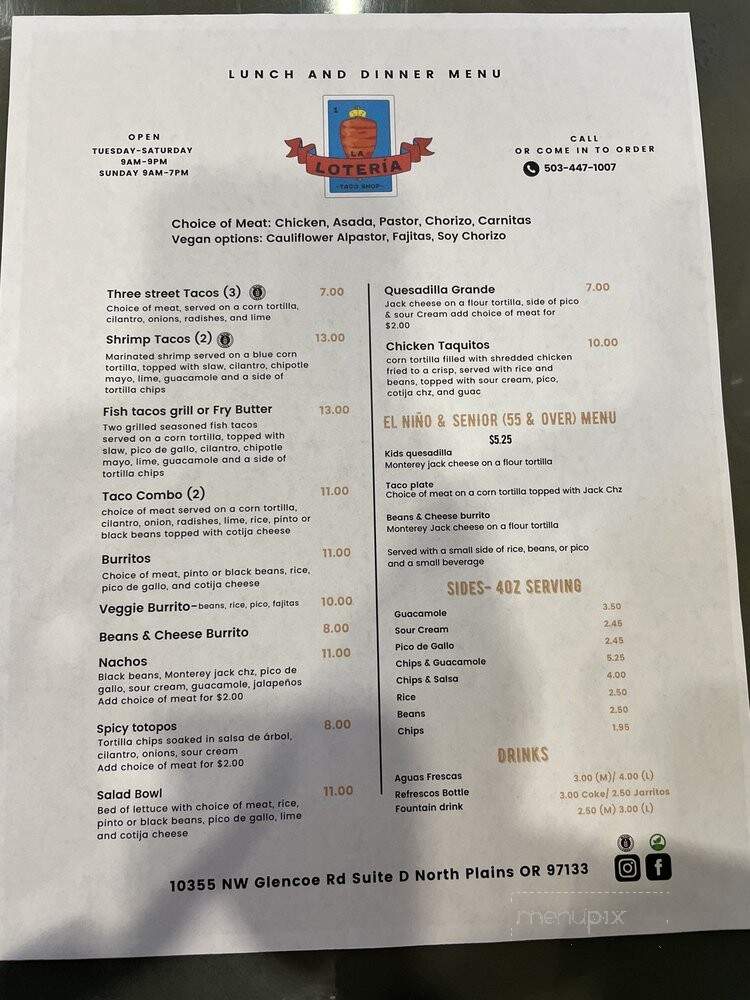 La Loteria Taco Shop - North Plains, OR menu_pic