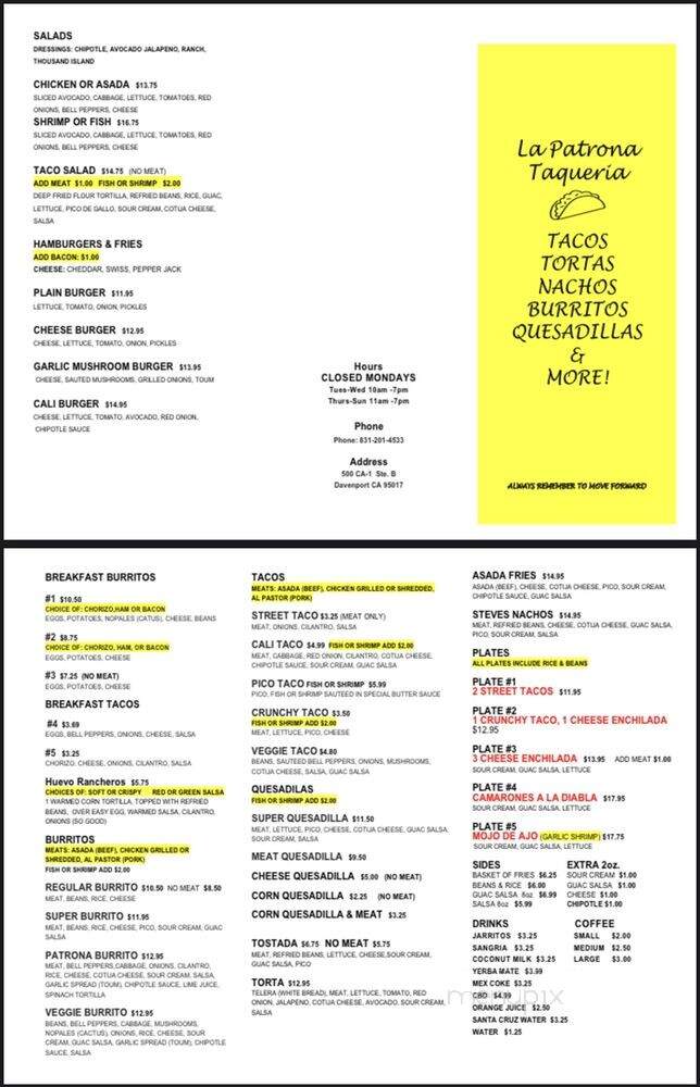 La Patrona Taqueria - Davenport, CA menu_pic