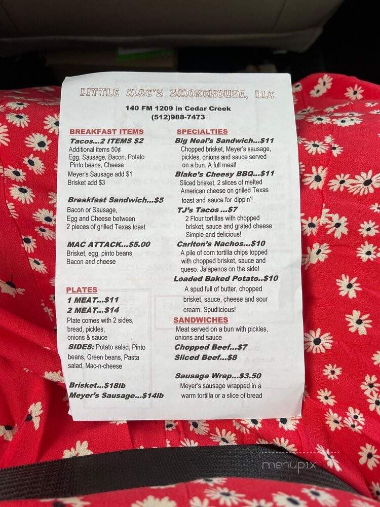 Little Mac's Smokehouse - Cedar Creek, TX menu_pic