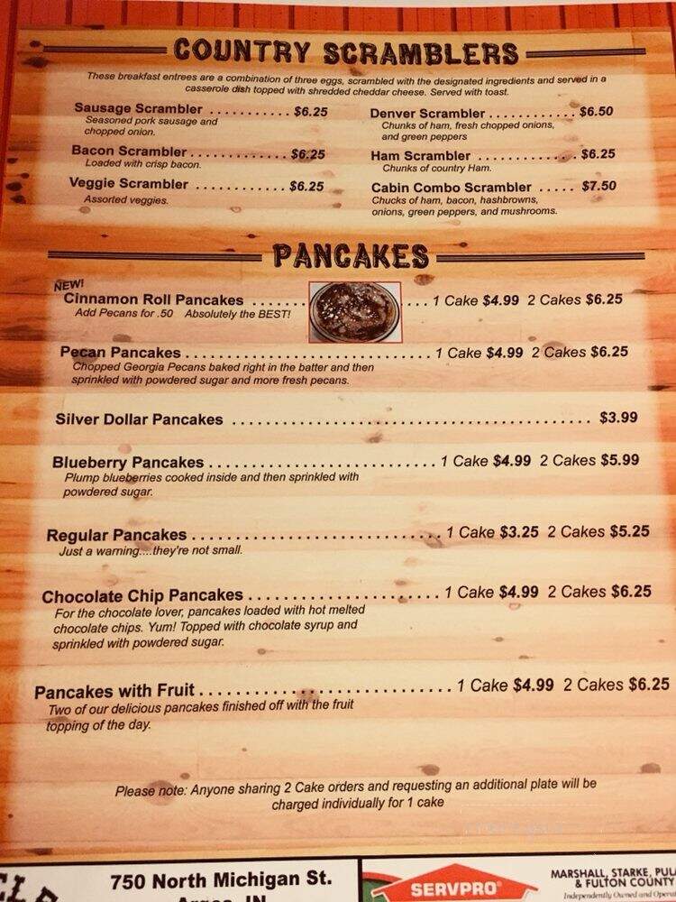 Log House Restaurant - Argos, IN menu_pic