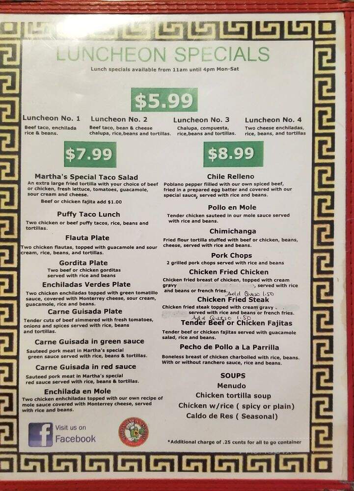 Martha's Mexican Restaurant Contesa - San Antonio, TX menu_pic
