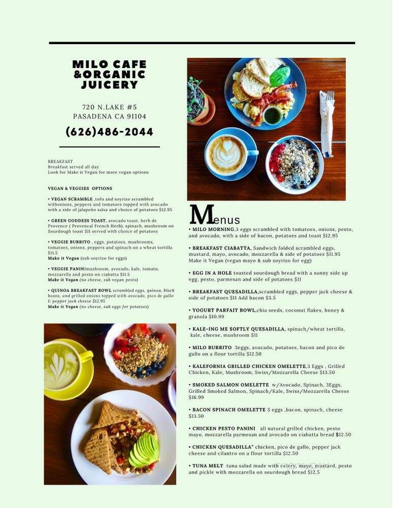 Milo Cafe & Organic Juicery - Pasadena, CA menu_pic