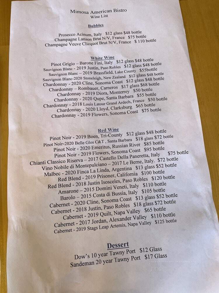 Mimosa American Bistro - Burlingame, CA menu_pic