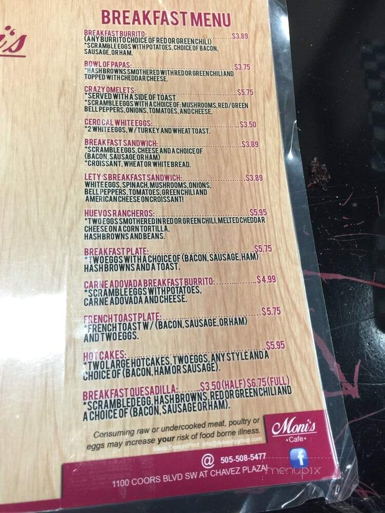 Moni's Place - Albuquerque, NM menu_pic
