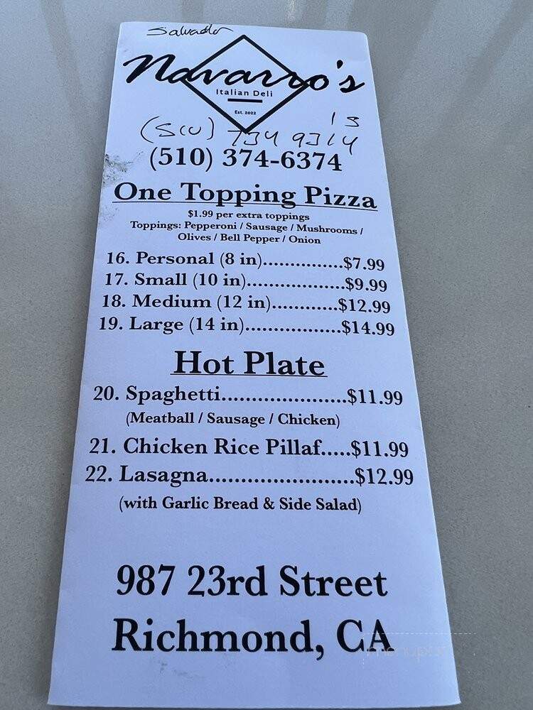Navarro's Italian Deli - Richmond, CA menu_pic