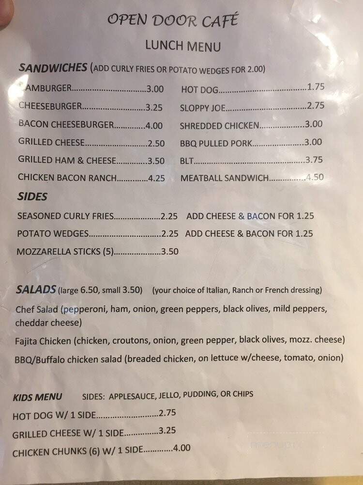 Open Door Cafe - Lucas, OH menu_pic