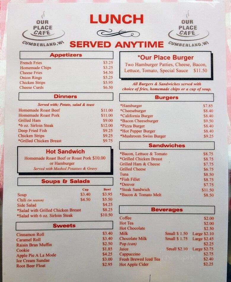 Our Place - Cumberland, WI menu_pic