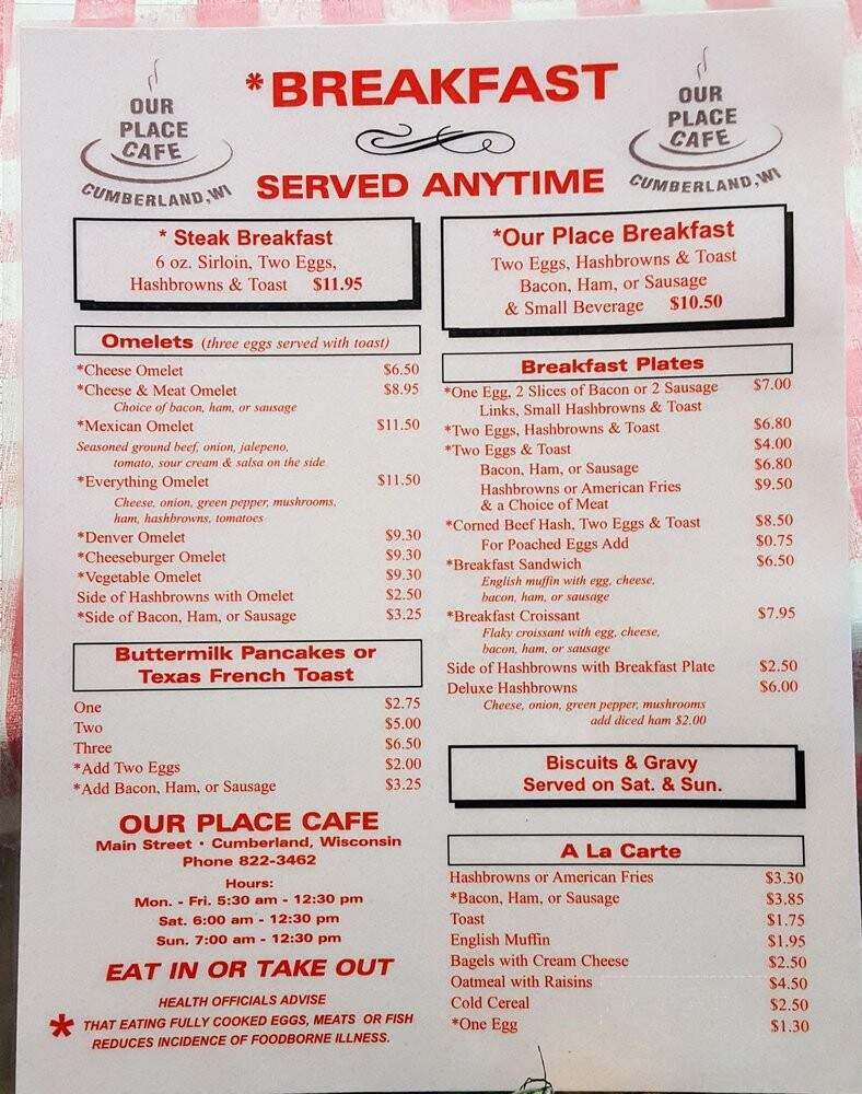 Our Place - Cumberland, WI menu_pic