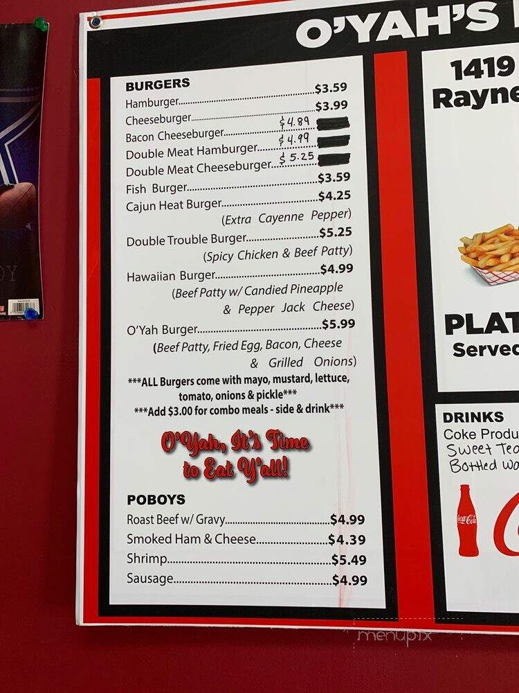 O'Yah's - Rayne, LA menu_pic
