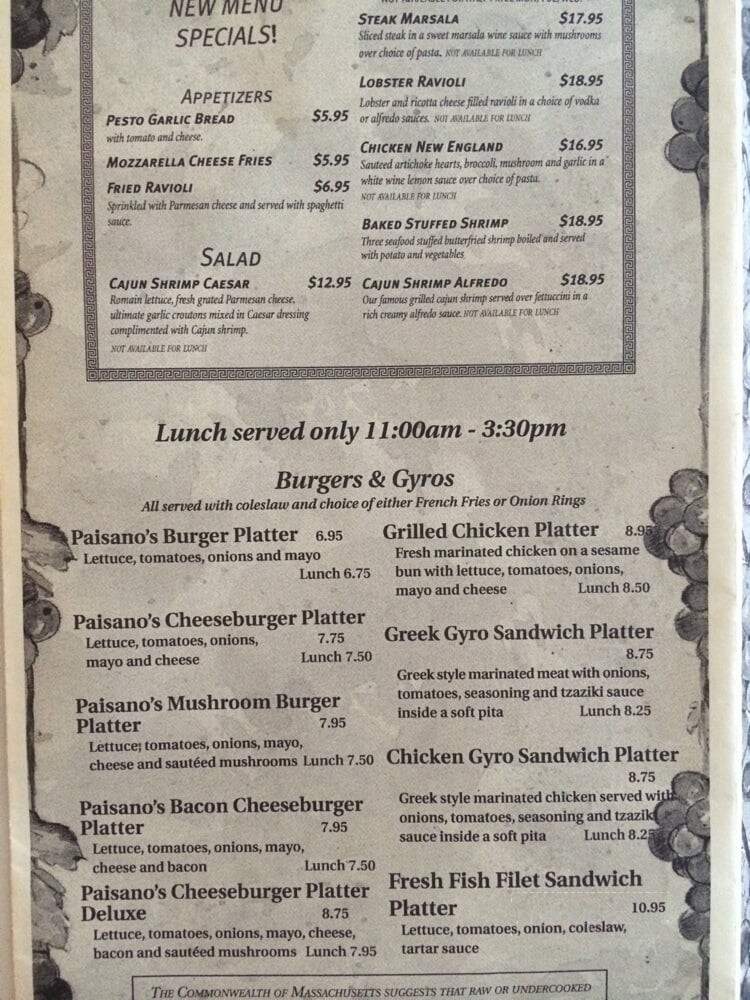 Paisanos Pub - Southampton, MA menu_pic