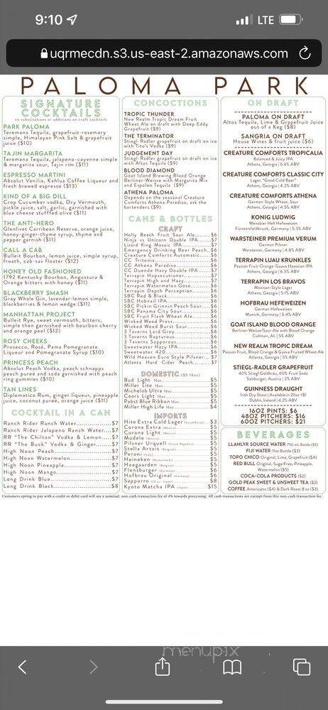 Paloma Park - Athens, GA menu_pic
