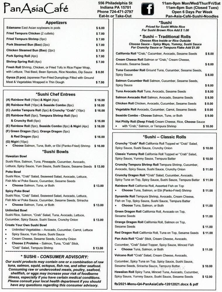 Pan Asia Cafe - Indiana, PA menu_pic