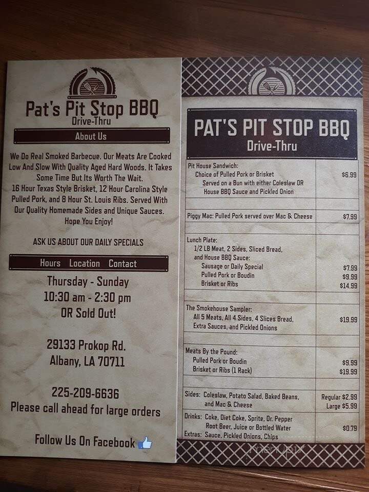 Pat's Pit Stop BBQ - Albany, LA menu_pic