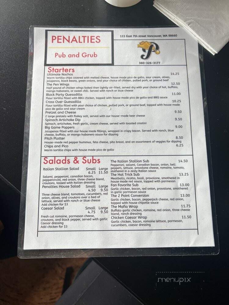 Penalties Sports Pub - Vancouver, WA menu_pic