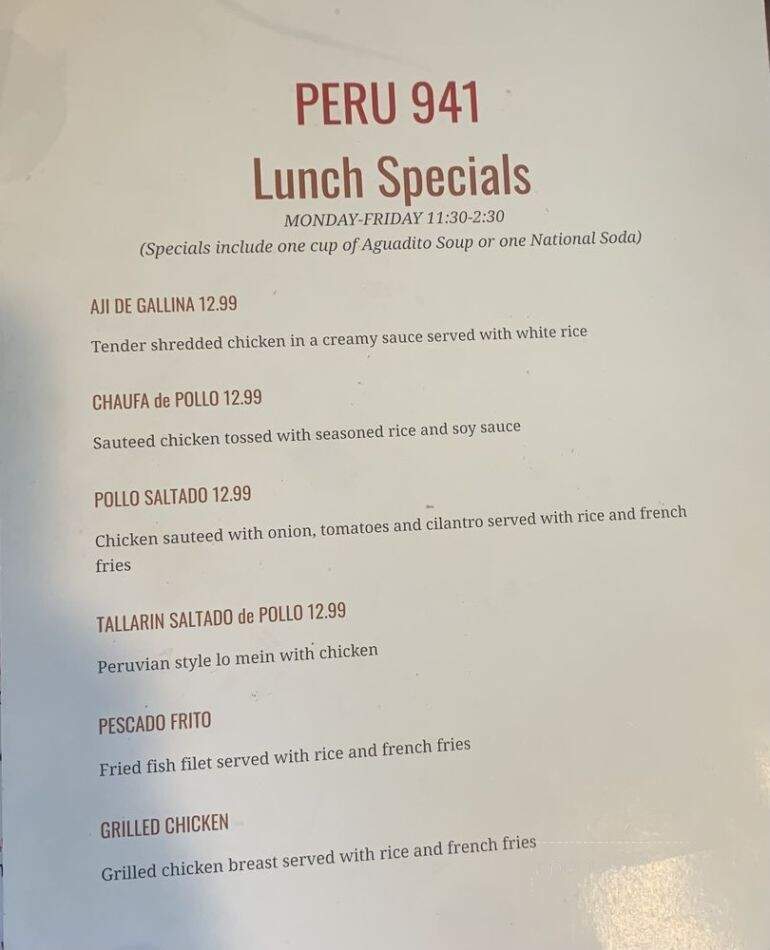 Peru 941 - Sarasota, FL menu_pic