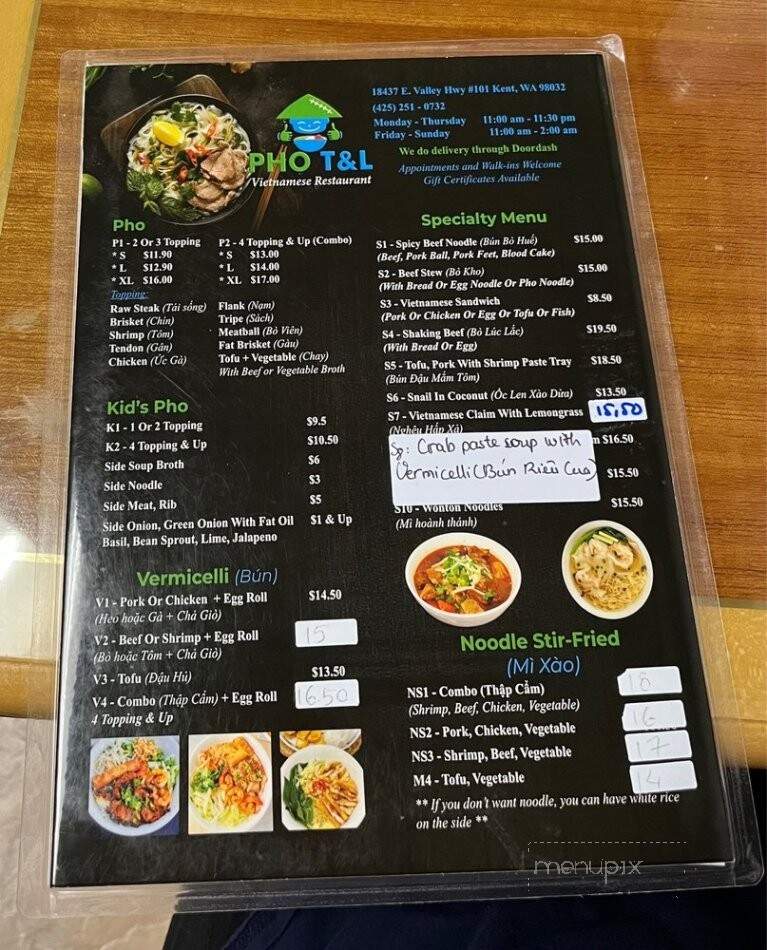 Pho T & L - Kent, WA menu_pic