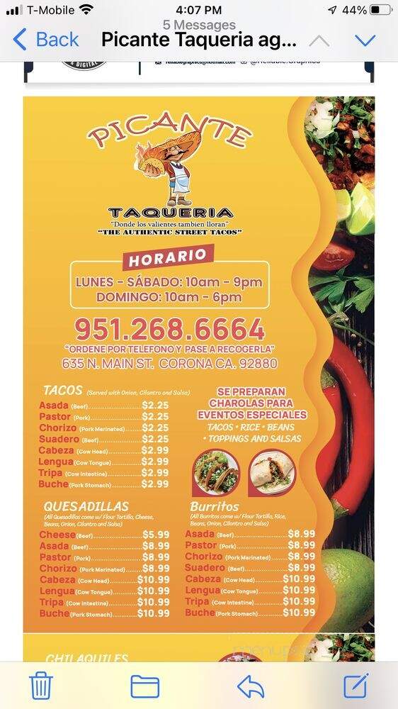 Picante Taqueria - Corona, CA menu_pic