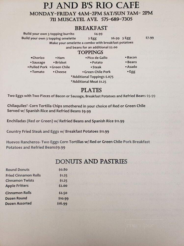 PJ&B's Rio Cafe - Carlsbad, NM menu_pic
