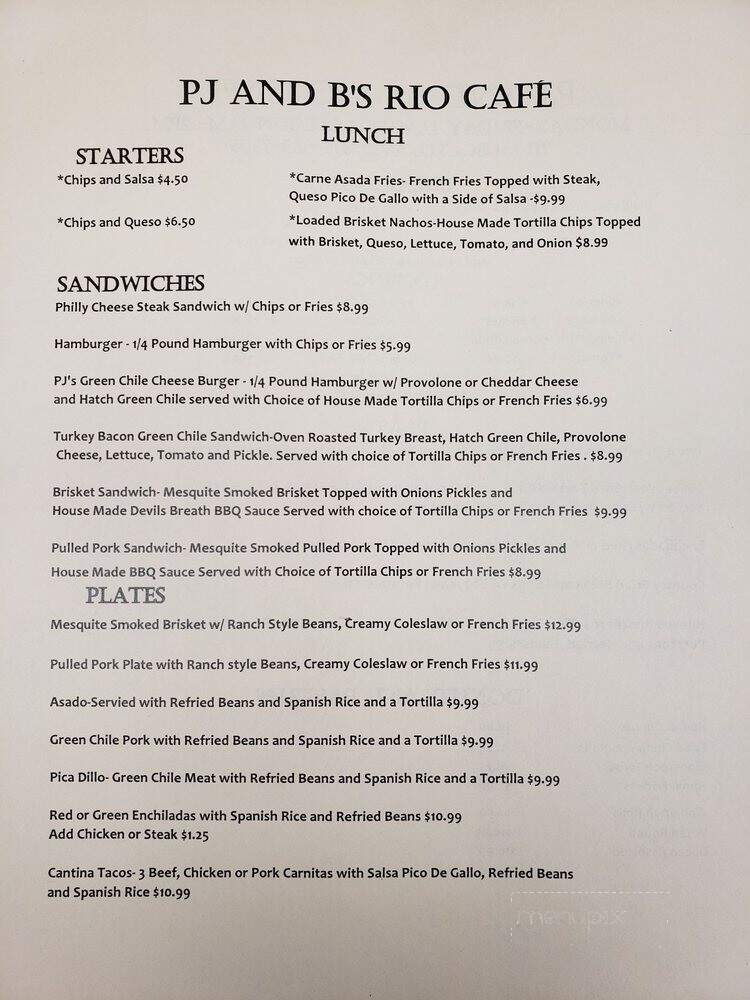 PJ&B's Rio Cafe - Carlsbad, NM menu_pic