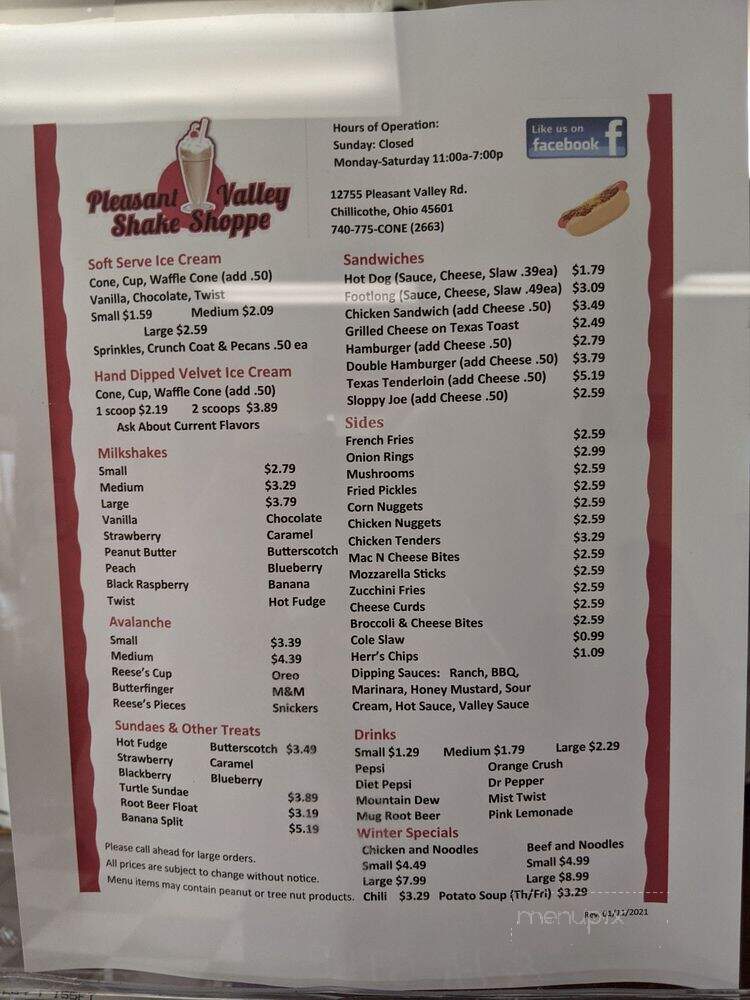 Pleasant Valley Shake Shoppe - Chillicothe, OH menu_pic
