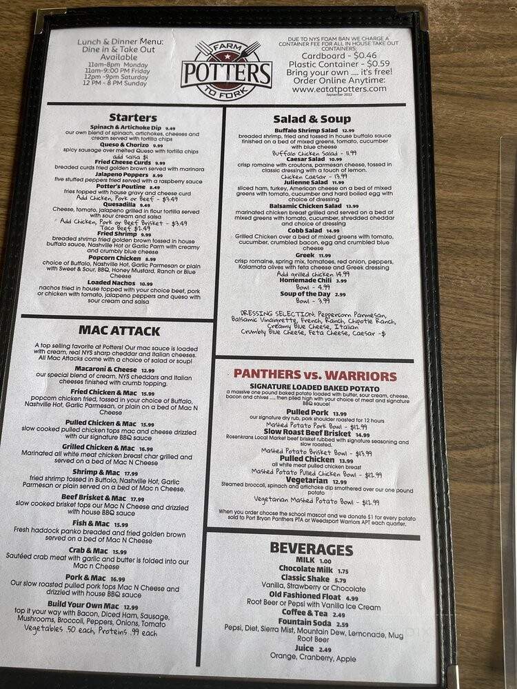 Potters Farm to Fork - Port Byron, NY menu_pic