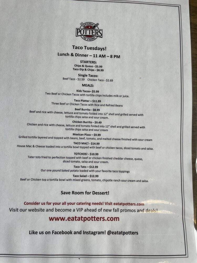 Potters Farm to Fork - Port Byron, NY menu_pic