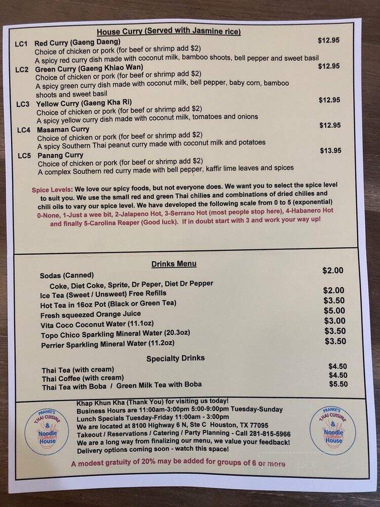 Pranee's Thai Cuisine and Noodle House - Houston, TX menu_pic