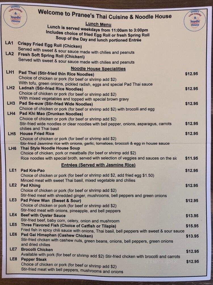 Pranee's Thai Cuisine and Noodle House - Houston, TX menu_pic