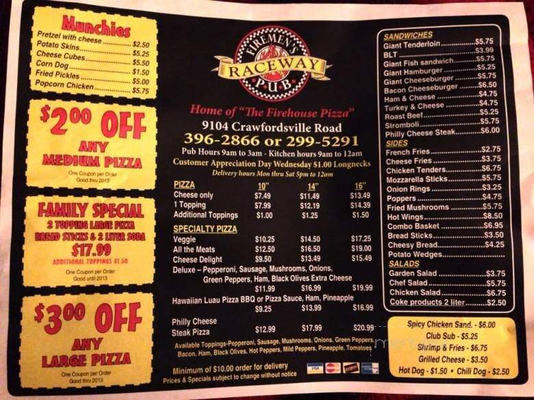 Firemen's Raceway Pub - Indianapolis, IN menu_pic