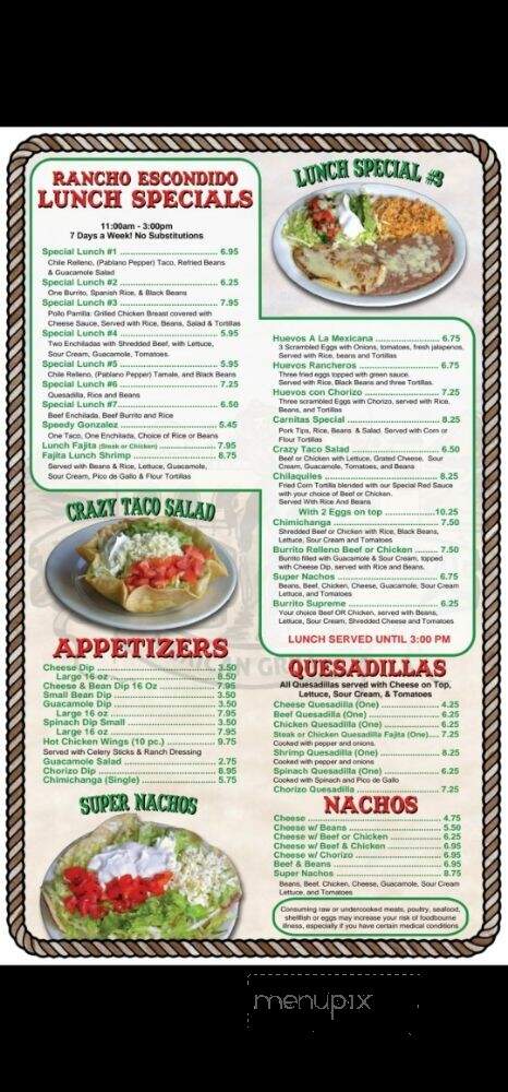 Rancho Escondido Mexican Grill - Alabaster, AL menu_pic
