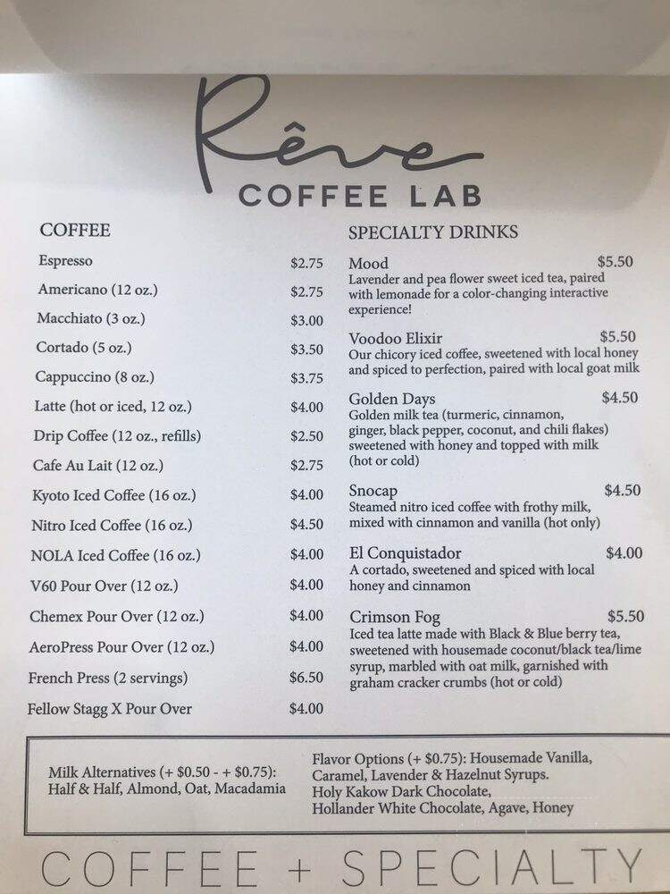 Reve Coffee Lab - Baton Rouge, LA menu_pic