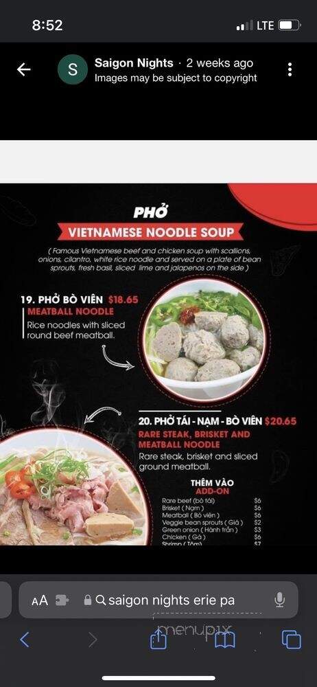 Saigon Nights - Erie, PA menu_pic