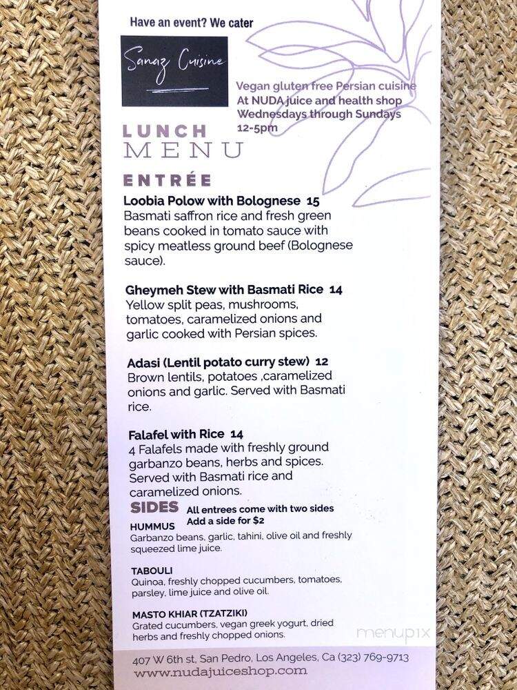 Sanaz's Cuisine at Nuda - San Pedro, CA menu_pic