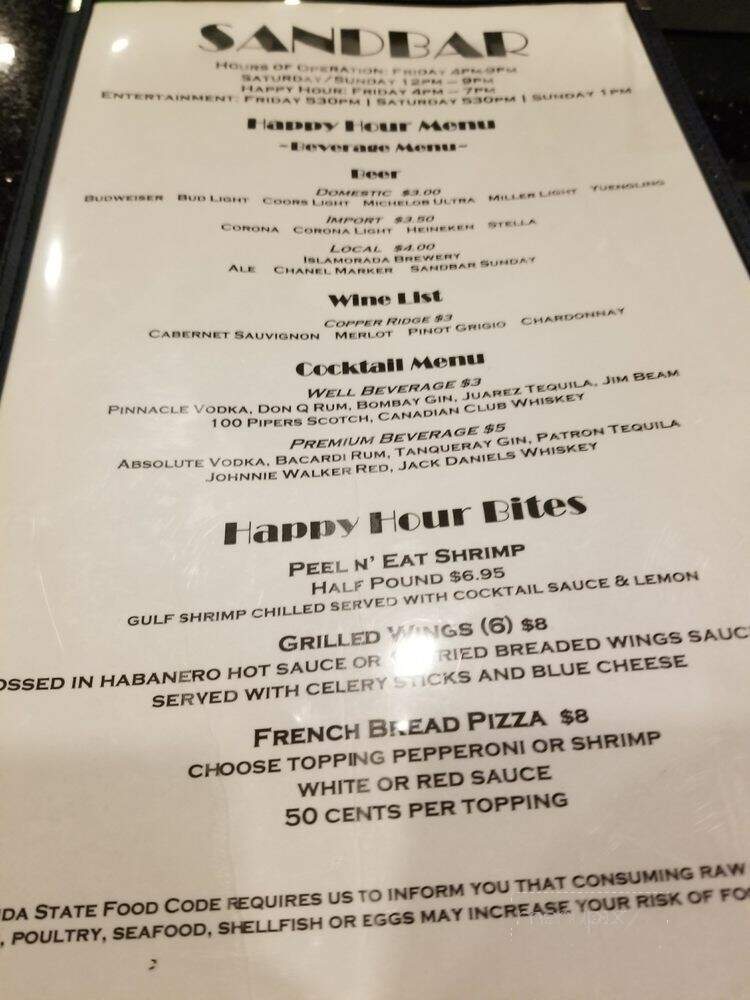 Sandbar On Tap - Islamorada, FL menu_pic
