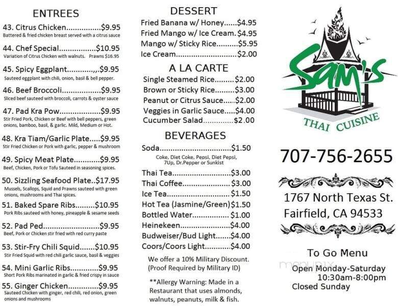 S & L Thai Restaurant - Fairfield, CA menu_pic