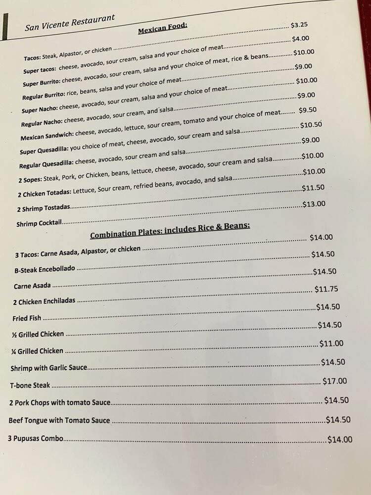 San Vicentes Restaurtant Mxcn - San Leandro, CA menu_pic