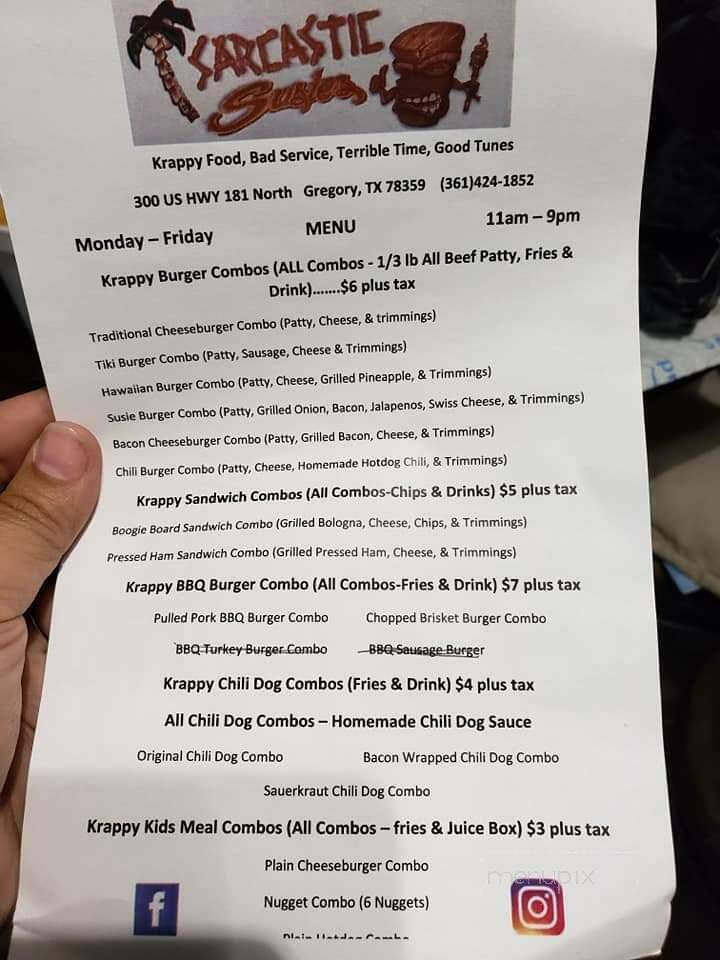 Online Menu of Saracastic Susie's, Gregory, TX