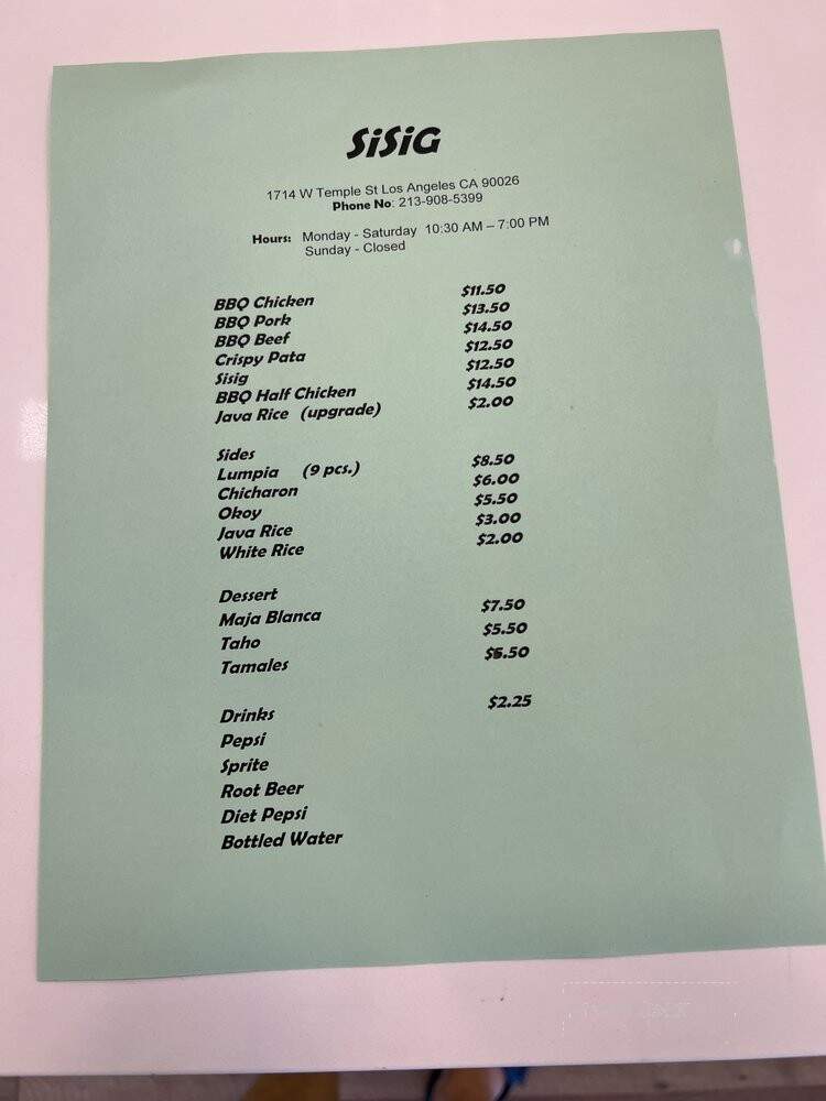 SiSiG - Los Angeles, CA menu_pic