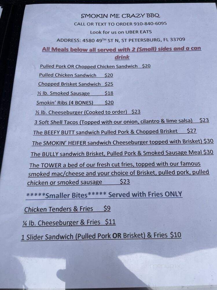 Smokin' Me Crazy BBQ - Petersburg, FL menu_pic