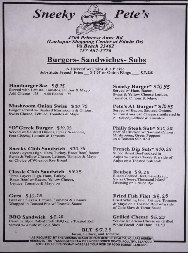 Sneeky Pete's - Virginia Beach, VA menu_pic