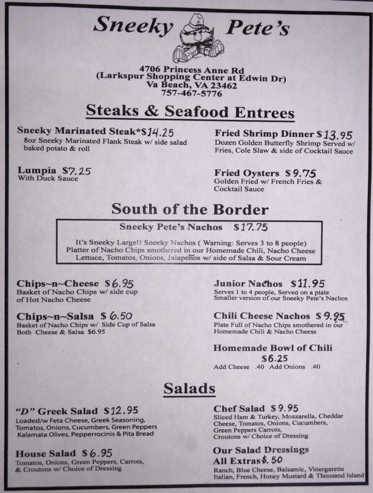 Sneeky Pete's - Virginia Beach, VA menu_pic