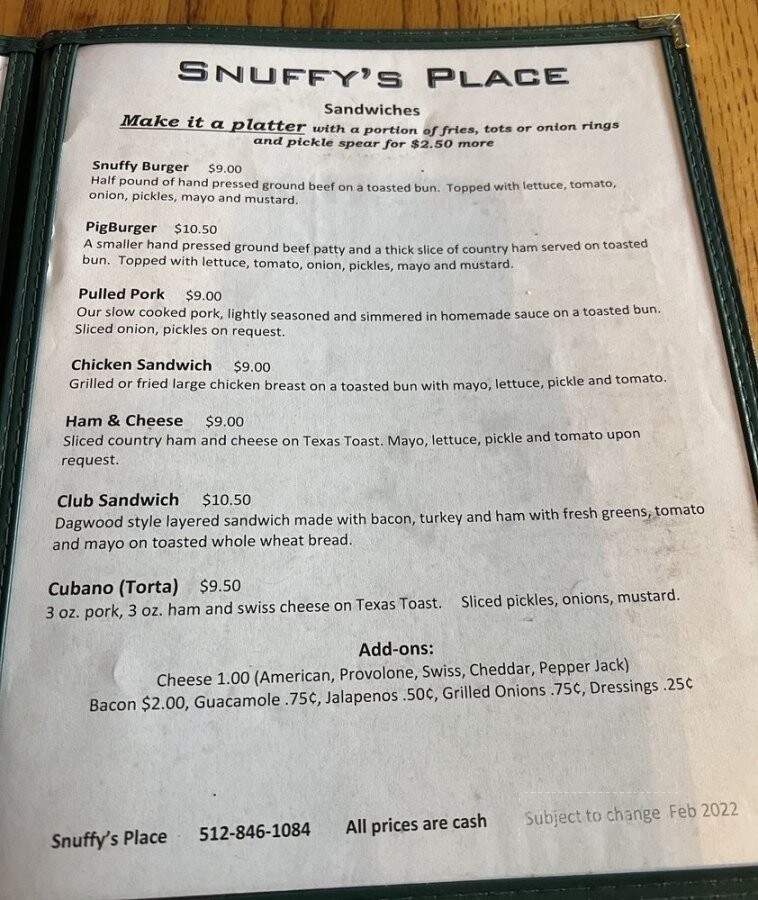Snuffy's Bar & Grill - Hutto, TX menu_pic