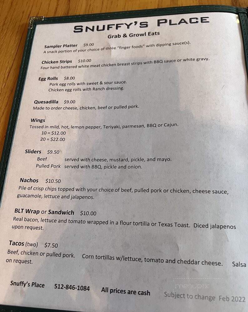 Snuffy's Bar & Grill - Hutto, TX menu_pic