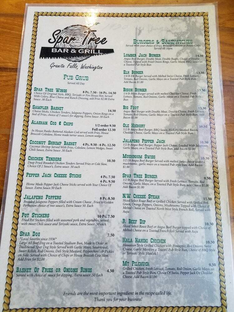 Spar Tree Tavern - Granite Falls, WA menu_pic