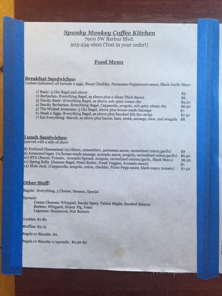 Spunky Monkey Coffee Kitchen - Portland, OR menu_pic