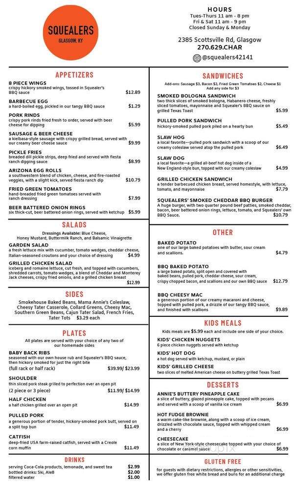 Squealers - Glasgow, KY menu_pic