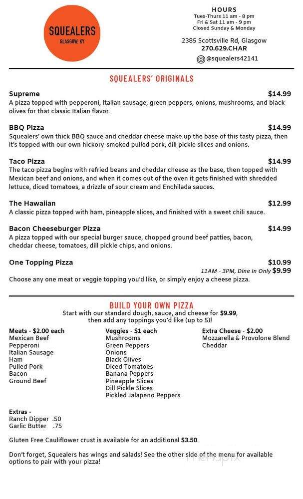 Squealers - Glasgow, KY menu_pic