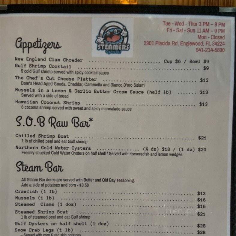 Steamer's Oyster Bar - Englewood, FL menu_pic