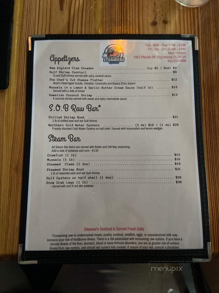 Steamer's Oyster Bar - Englewood, FL menu_pic